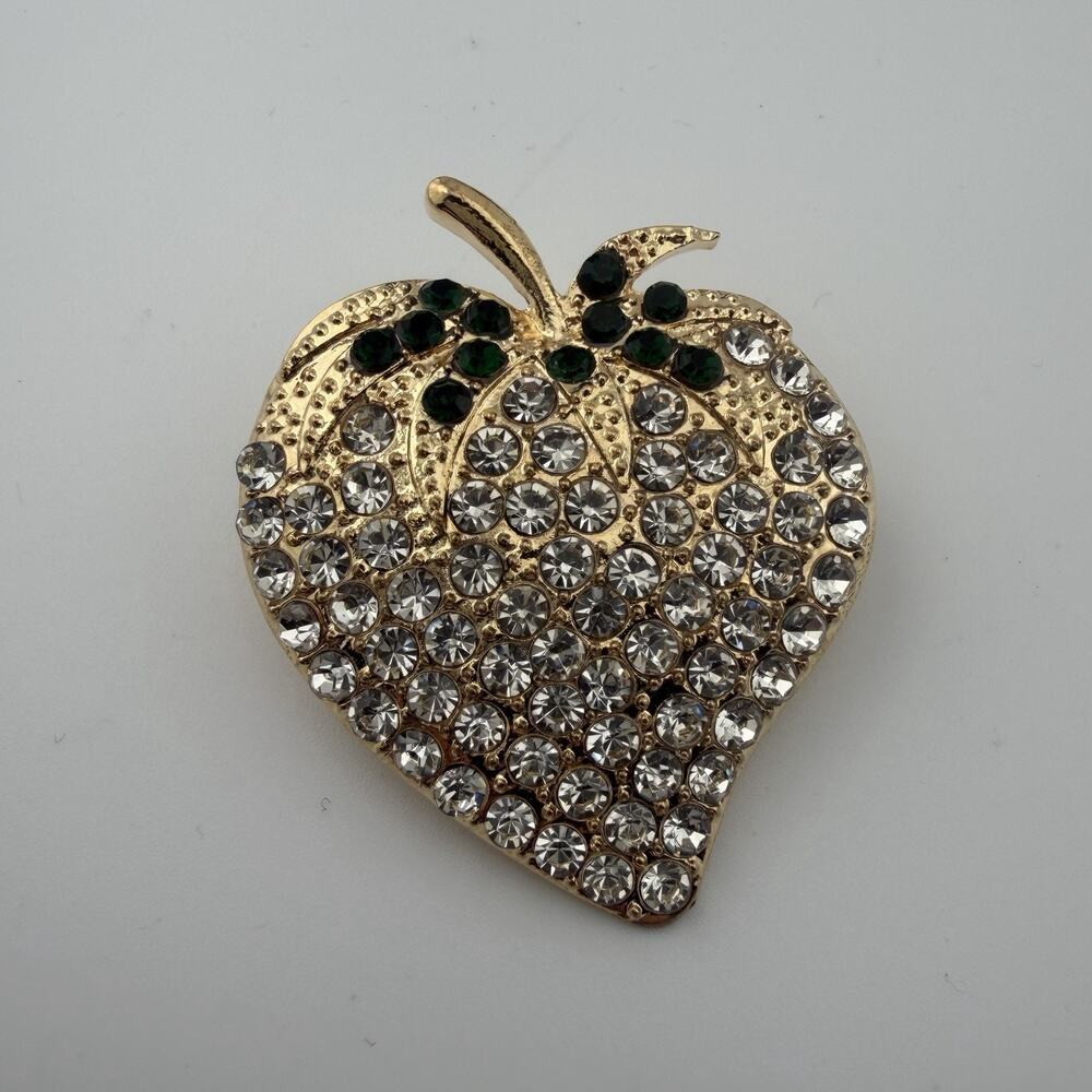 Vintage Strawberry Brooch Clear Green Rhinestones Gold Tone Fruit Figural Pin